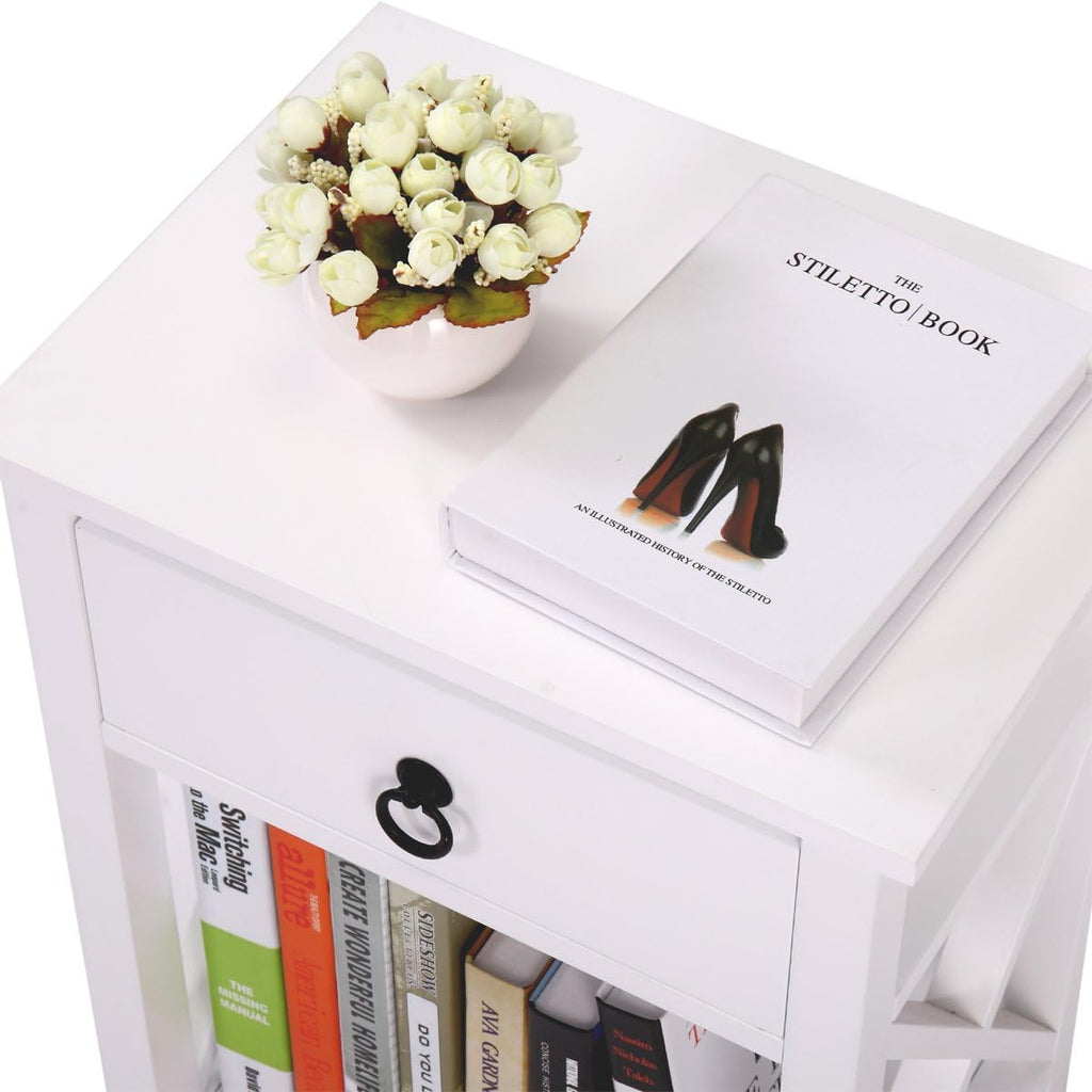 White 2 X-Design Nightstand with Drawer and Shelf I37040