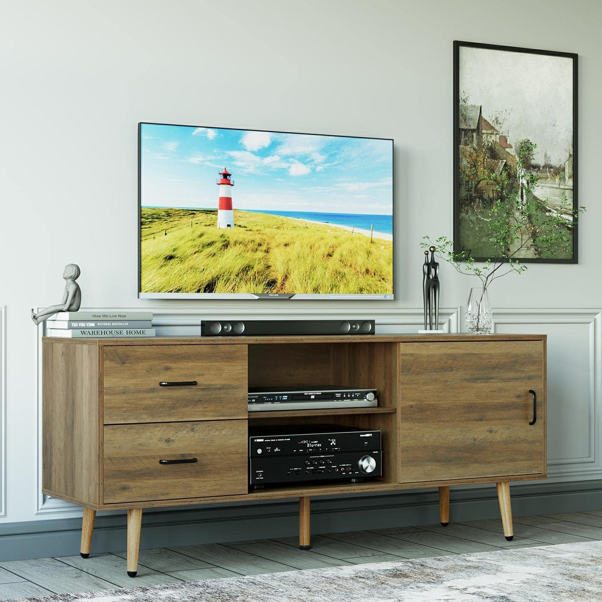 Mid Century Modern Wood TV Stand with Sliding Door W3597