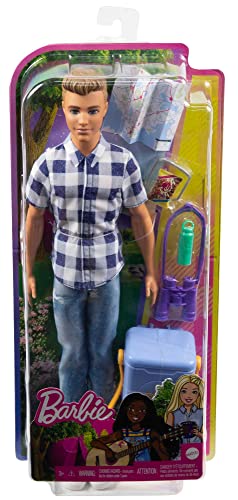 Camping Set with Blonde Ken Doll in Plaid Shirt & Accessories Including Cooler, Map H968832