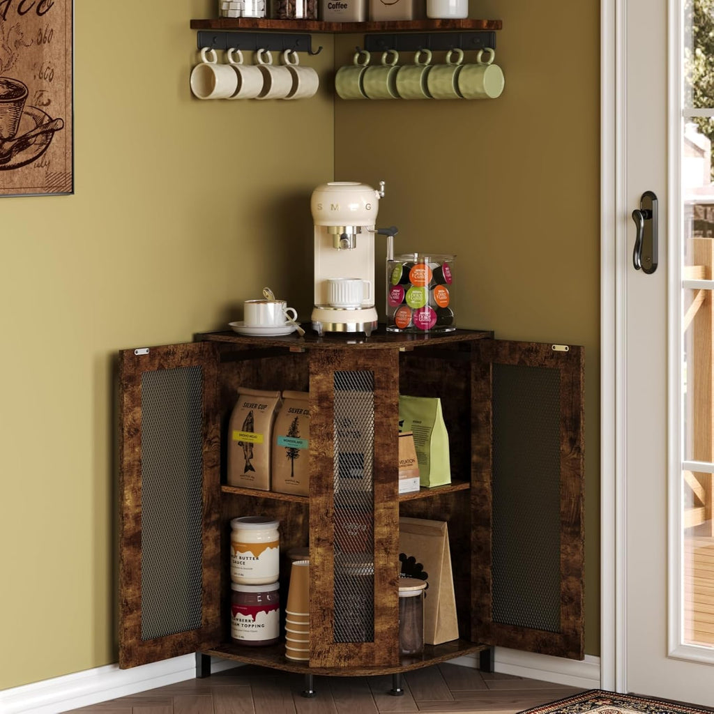 3-Tier Rustic Wood Coffee Bar Cabinet with Storage Shelf F367