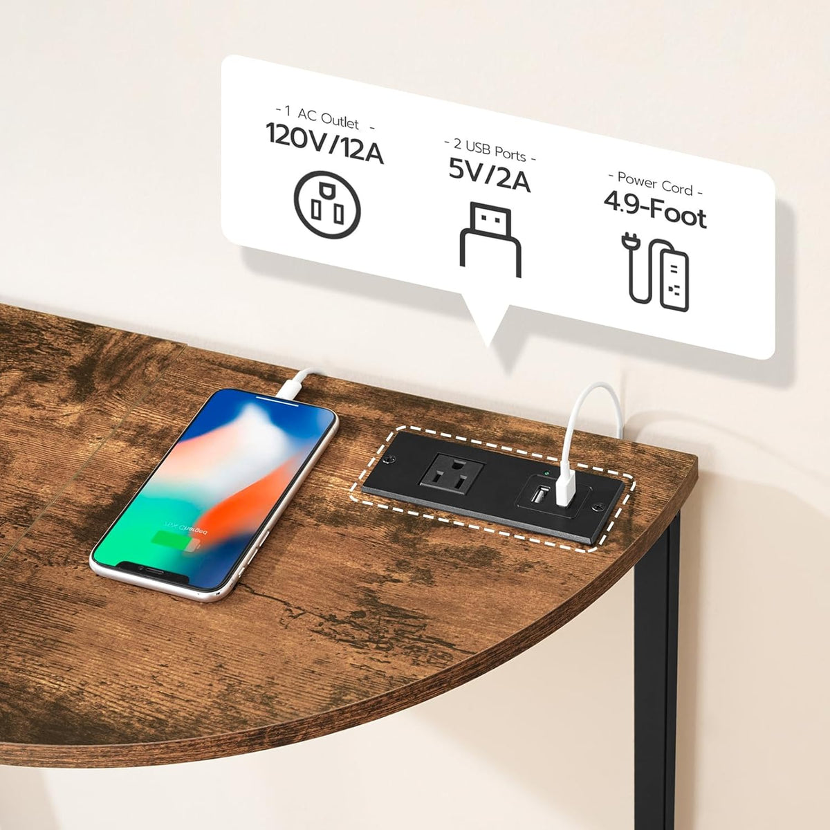 Rustic Brown and Black Half Moon Table with Charging Station Q263