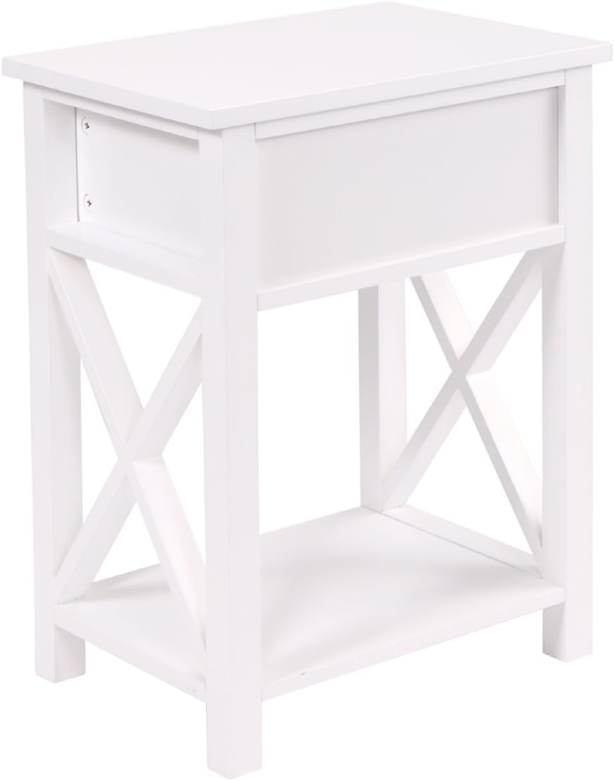 White 2 X-Design Nightstand with Drawer and Shelf I37040