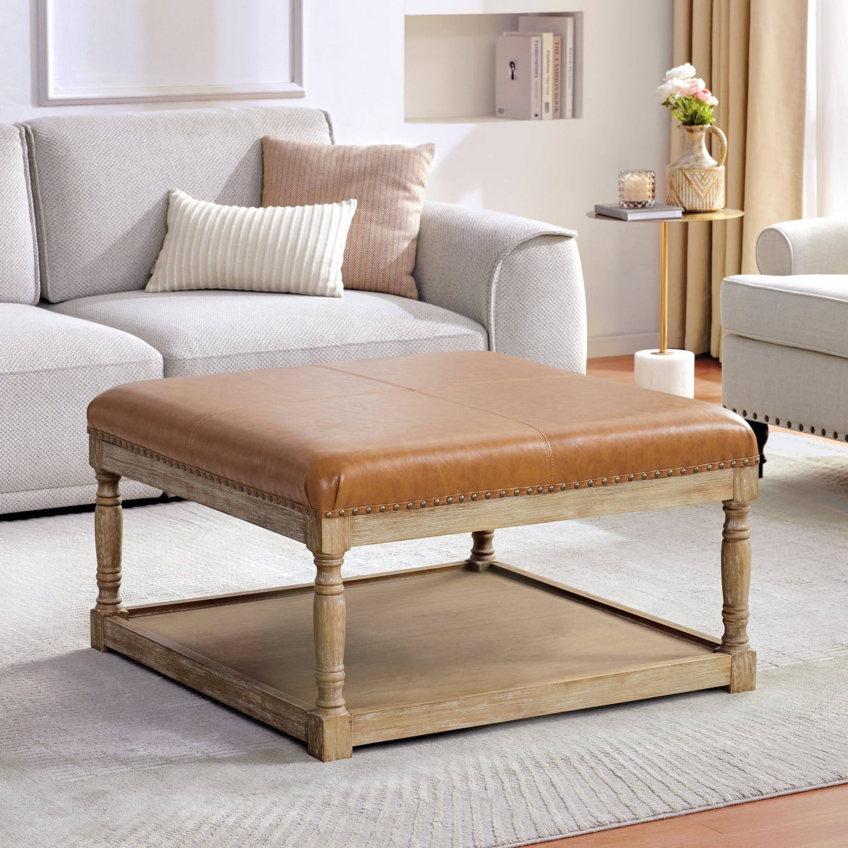 Large Square Ottoman Coffee Table with Storage Shelf (Brown) F926