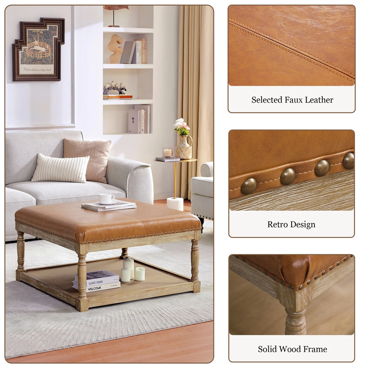 Large Square Ottoman Coffee Table with Storage Shelf (Brown) F926
