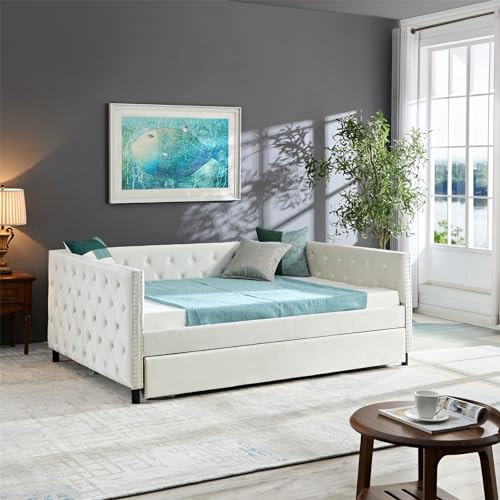 Beige Velvet Twin Size Daybed with Trundle J61115