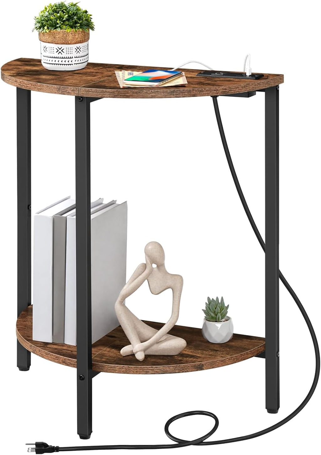 Rustic Brown and Black Half Moon Table with Charging Station Q263