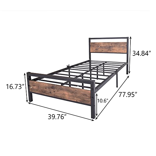 Queen Size Metal Platform Bed Frame with Wooden Headboard and Footboard, Black B382936