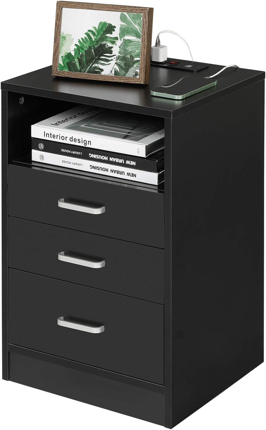 White 3 Drawer Nightstand with Open Storage U351662
