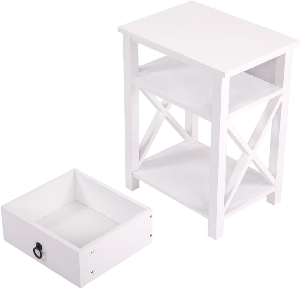 White 2 X-Design Nightstand with Drawer and Shelf I37040