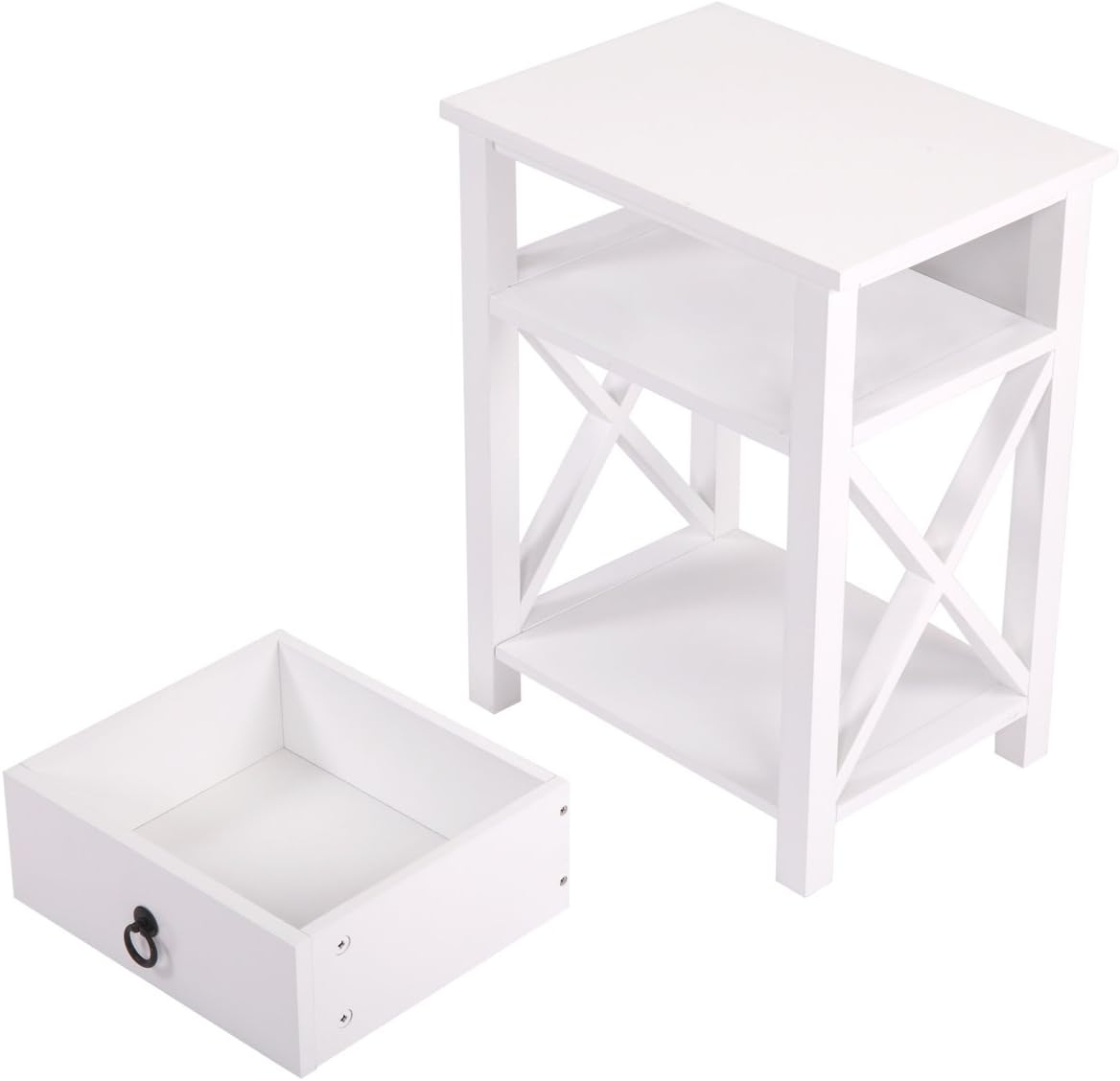 White 2 X-Design Nightstand with Drawer and Shelf I37040