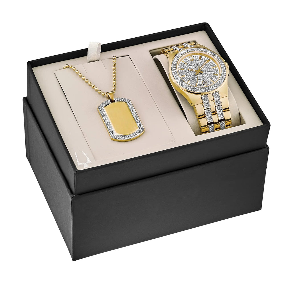 Gold-Tone PVD Watch and Dog Tag Pendant Box Set Z18045