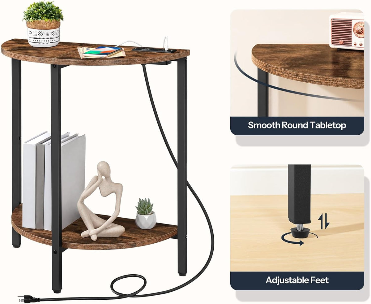 Rustic Brown and Black Half Moon Table with Charging Station Q263