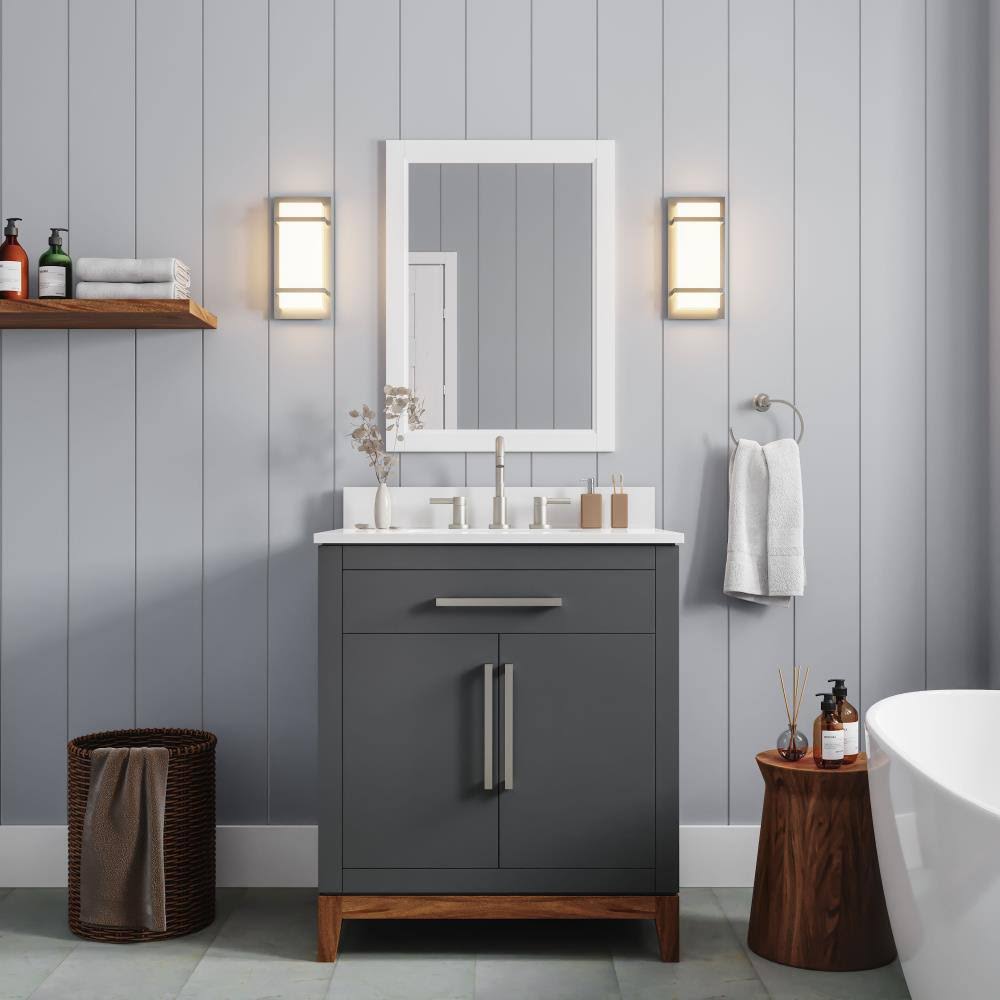 Dark Gray Single Sink Bathroom Vanity with White Engineered Stone Top Q5038