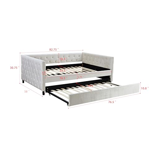 Beige Velvet Twin Size Daybed with Trundle J61115