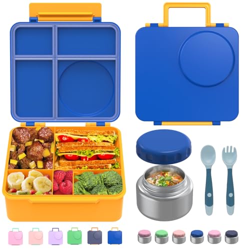 Leak-Proof Bento Box with Insulated Thermos Food Jar, 4 Compartments, Blue E9444