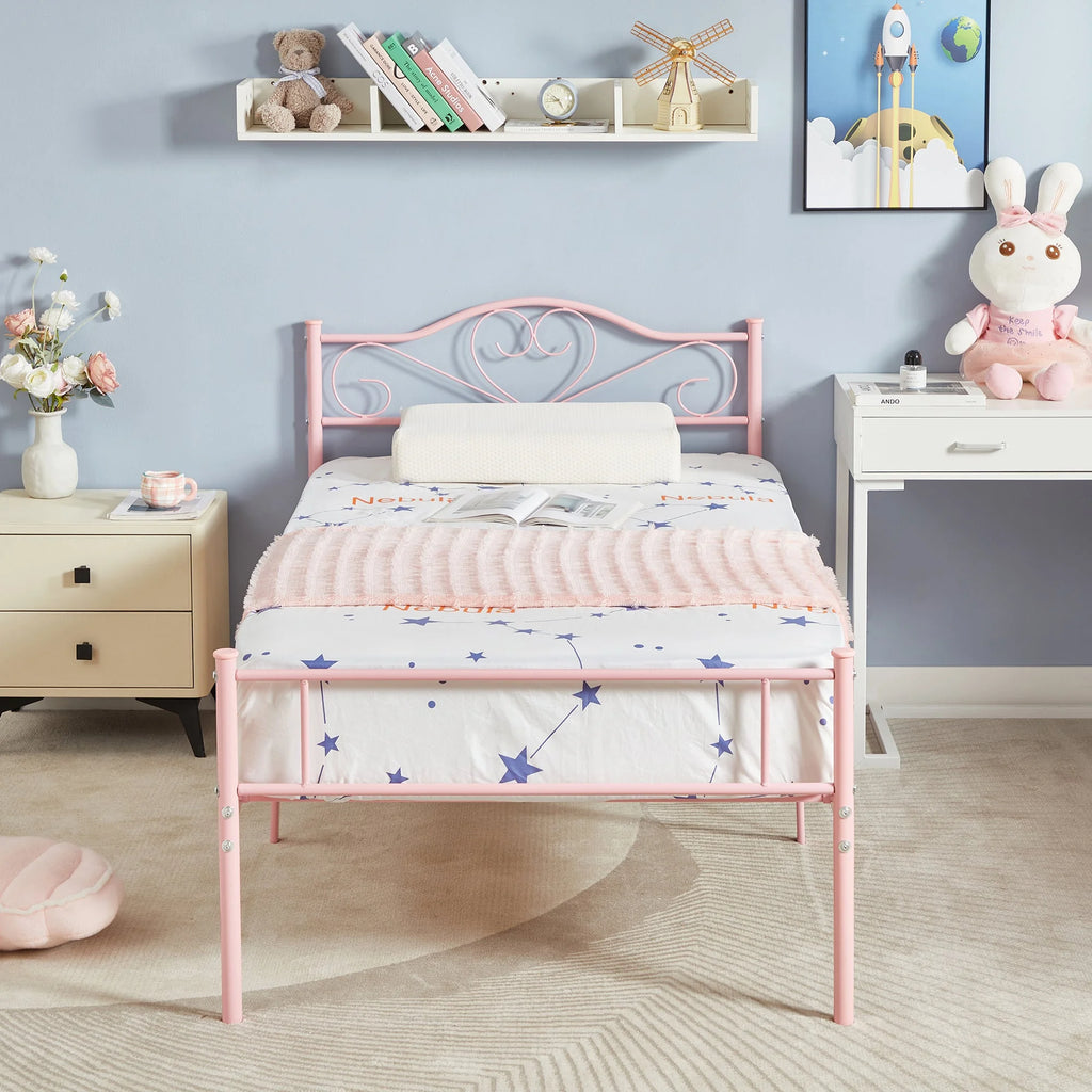 Set of 2 Twin Size White Metal Platform Bed Frame with Headboard M199