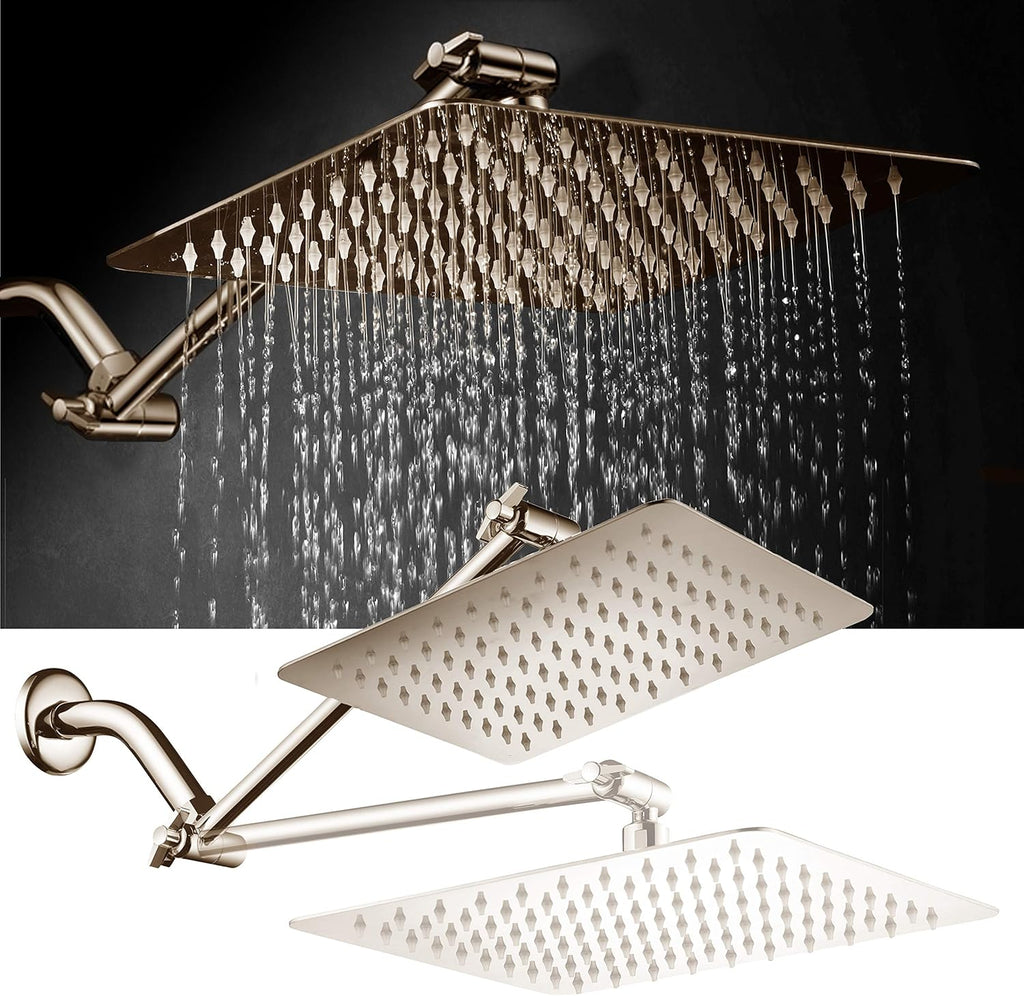 Brushed Nickel Stainless Steel Rainfall Square Showerhead with Brass Extension Arm, Pack of 2 T441985
