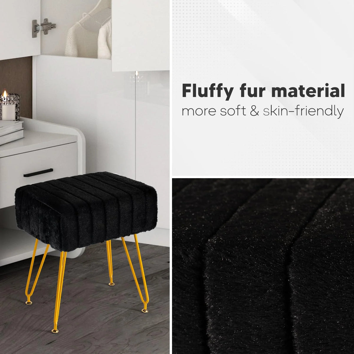 Black Faux Fur Vanity Stool with Golden Metal Legs C23833