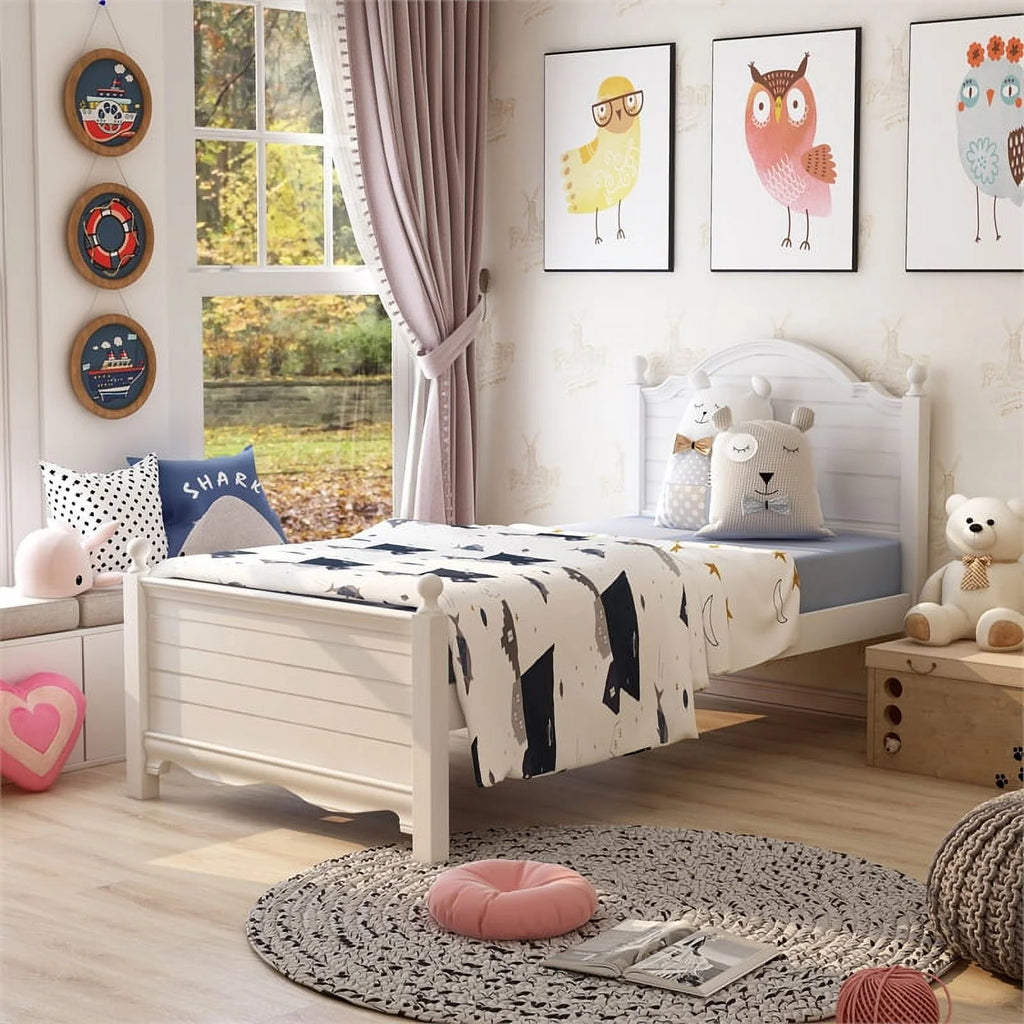 White Wood Twin Panel Kids Bed D406