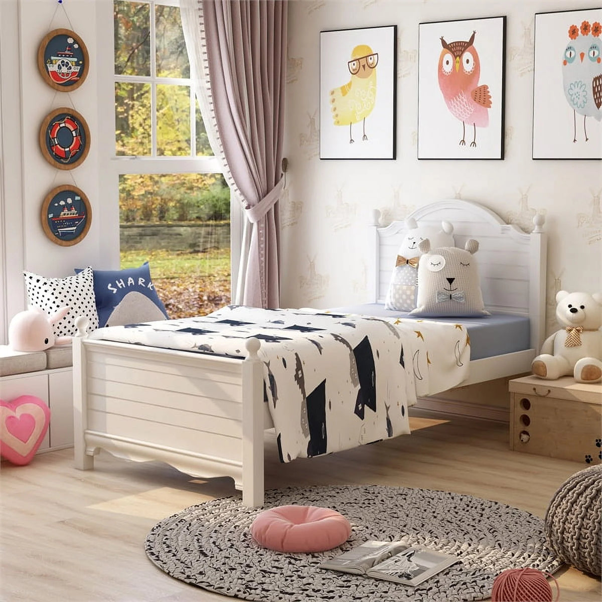 White Wood Twin Panel Kids Bed D406