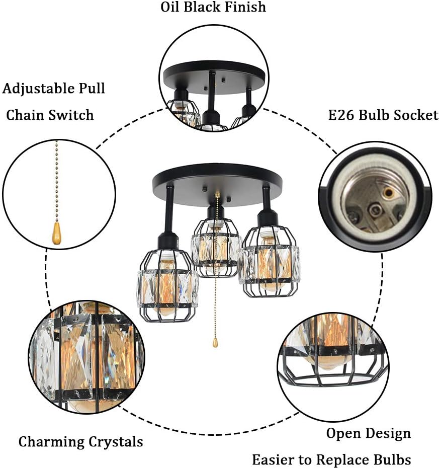 Black Metal Round Semi Flush Mount Ceiling Light with Pull Chain 3 Lights E26 L35696