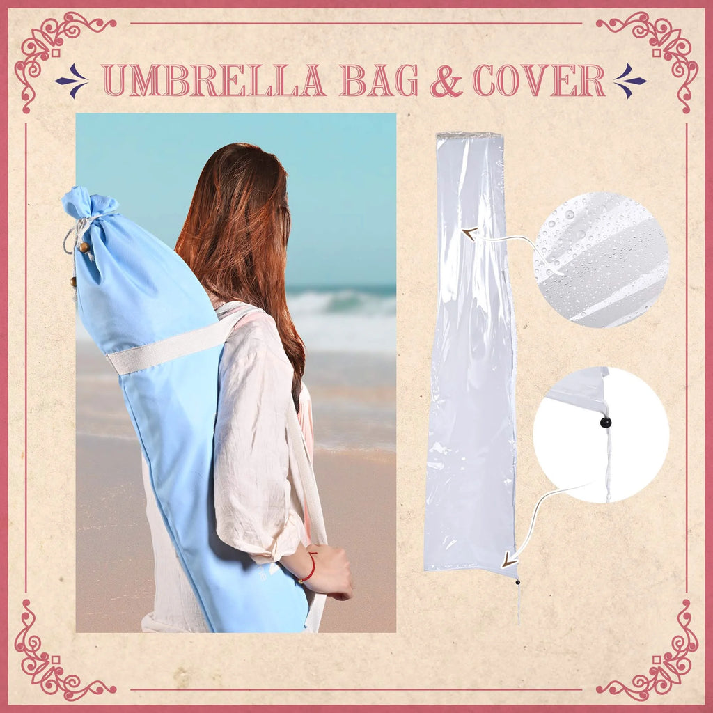 6Ft Fringe Patio Umbrella with Tassels & Carry Bag Wood Blue N9591