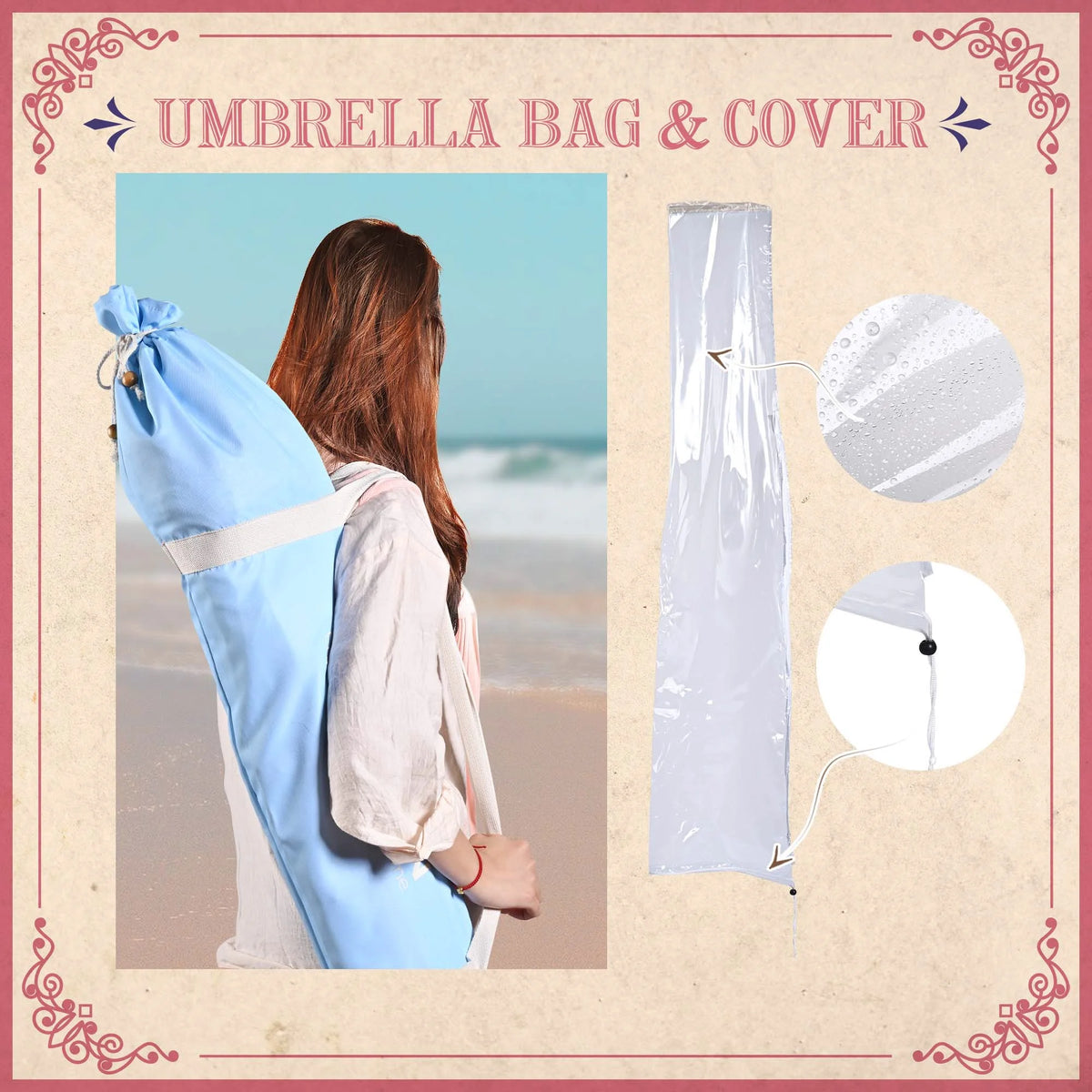 6Ft Fringe Patio Umbrella with Tassels & Carry Bag Wood Blue N9591