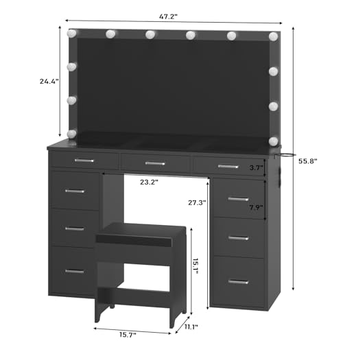 White Vanity Desk Set with Mirror and Lights, Glass Top, 9 Drawers, Power Outlet, Chair Y1688
