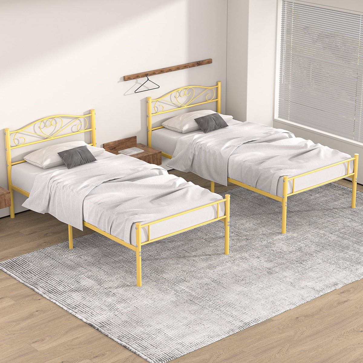 Set of 2 Twin Size White Metal Platform Bed Frame with Headboard M199