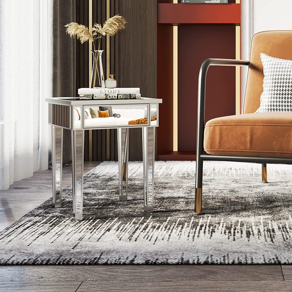 Mirrored End Table with Drawer Silver 15.7" L x 15.7" W x 24" H K8032