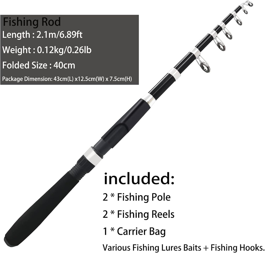 2.1m 2PCS Collapsible Carbon Fiber Telescopic Fishing Rods Spinning Reels Combo Set F789