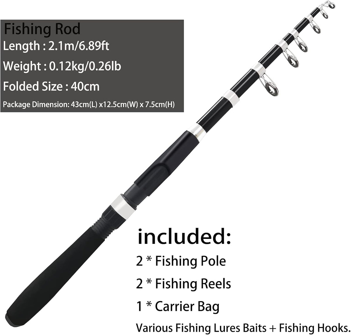 2.1m 2PCS Collapsible Carbon Fiber Telescopic Fishing Rods Spinning Reels Combo Set F789