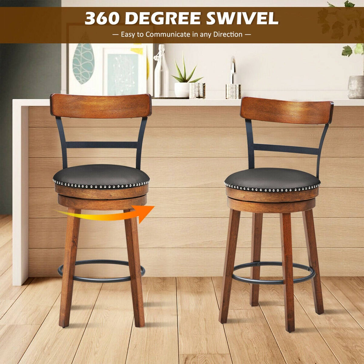 Set of 2 Swivel Counter Height Dining Chair with Rubber Wood Legs, Brown L4690