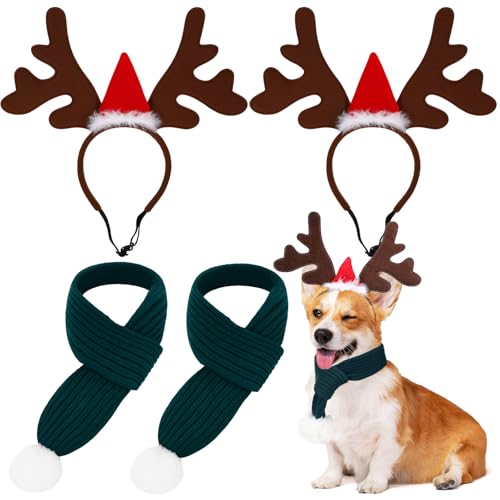 2 Set Pet Christmas Costumes Dog Knitted Scarf Reindeer Antlers Headband I28631