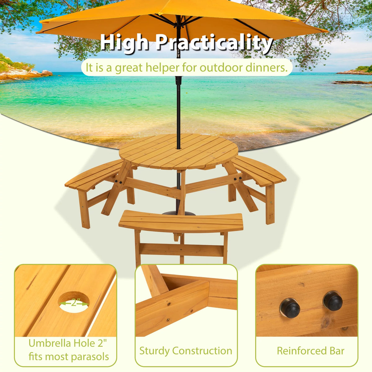 6-Person Circular Wooden Picnic Table with 3 Built-in Benches V97946