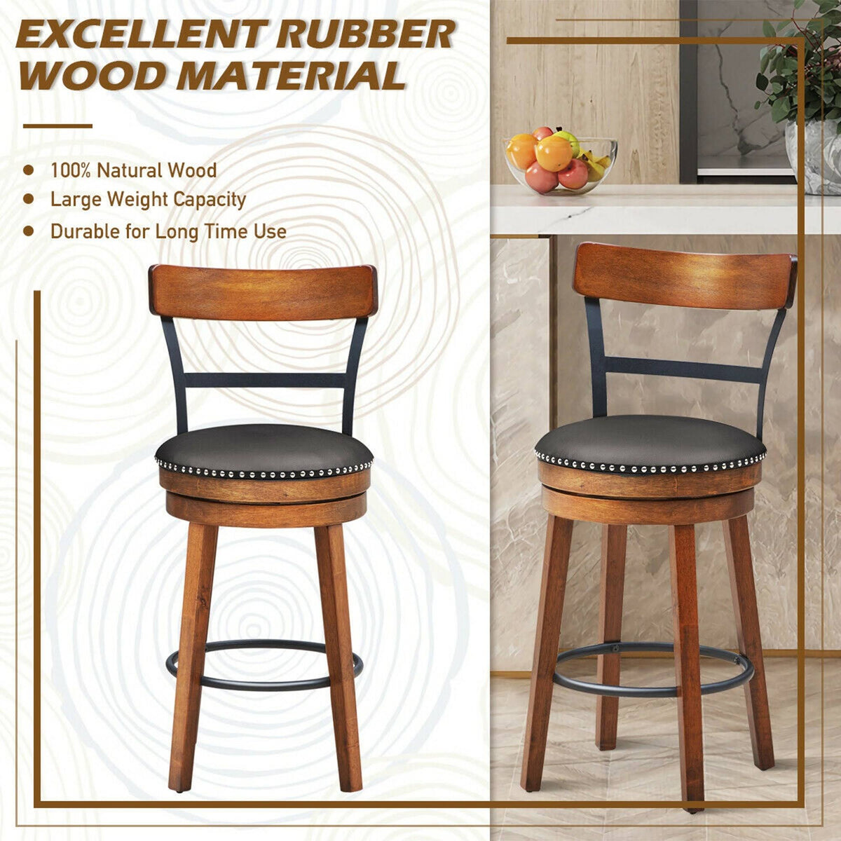 Set of 2 Swivel Counter Height Dining Chair with Rubber Wood Legs, Brown L4690