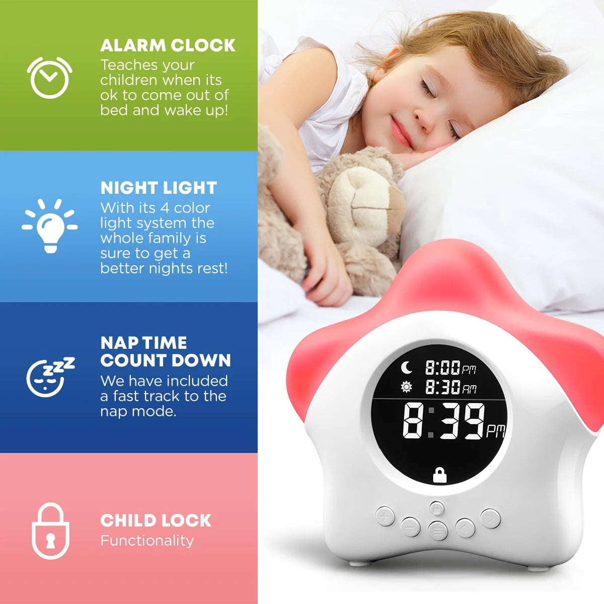 Toddler Sleep Training Clock, Night Light & Alarm Clock V7869