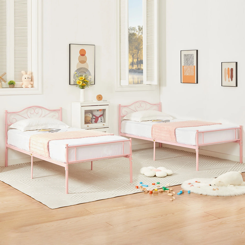 Set of 2 Twin Size White Metal Platform Bed Frame with Headboard M199