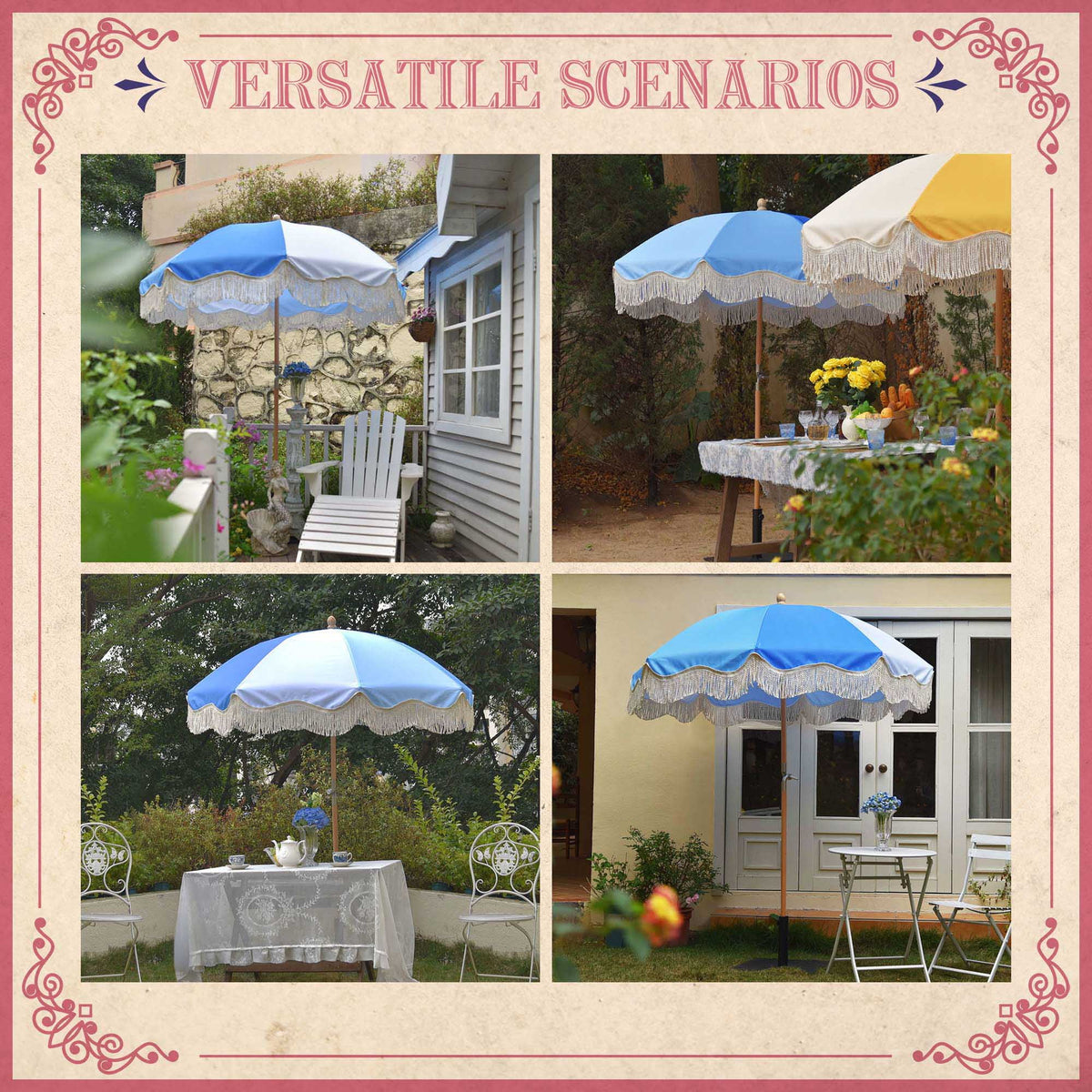 6Ft Fringe Patio Umbrella with Tassels & Carry Bag Wood Blue N9591