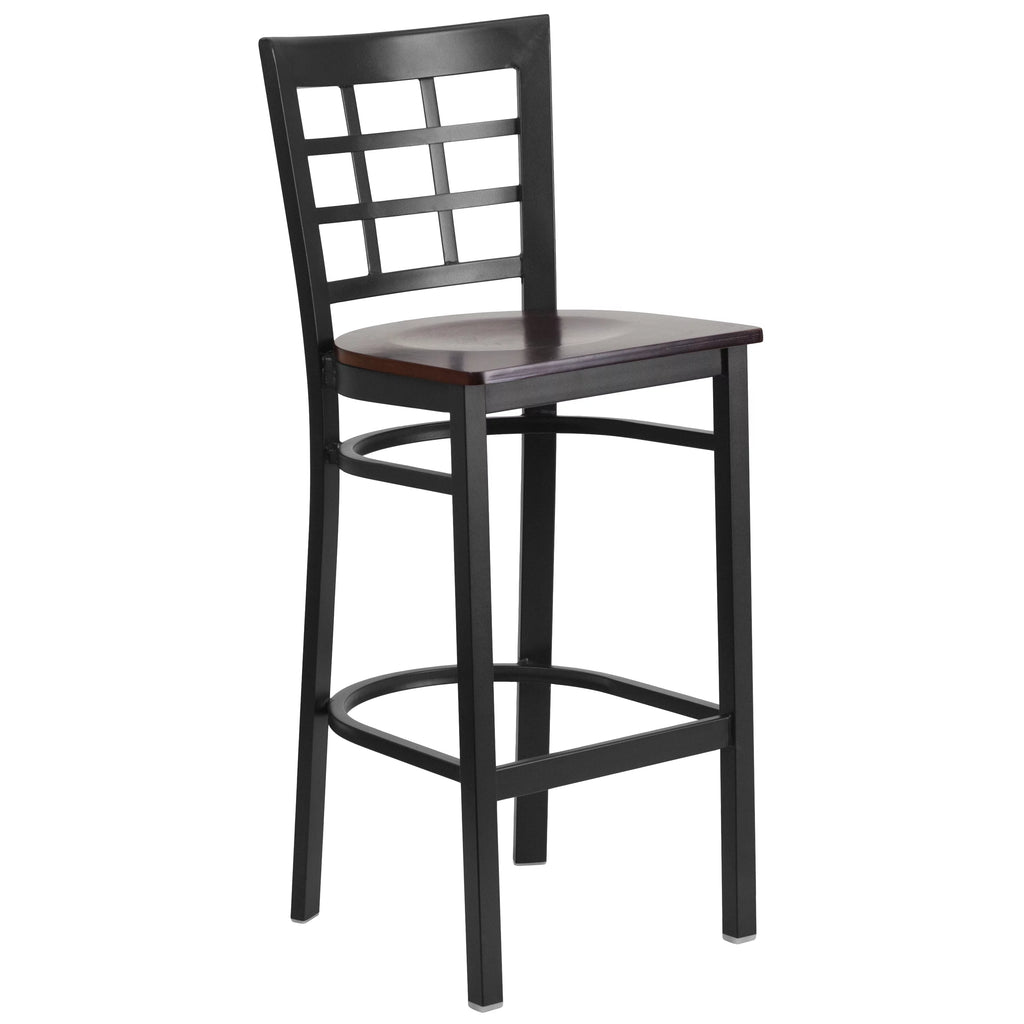 Black Window Back Metal Restaurant Barstool with Walnut Wood Seat T1107