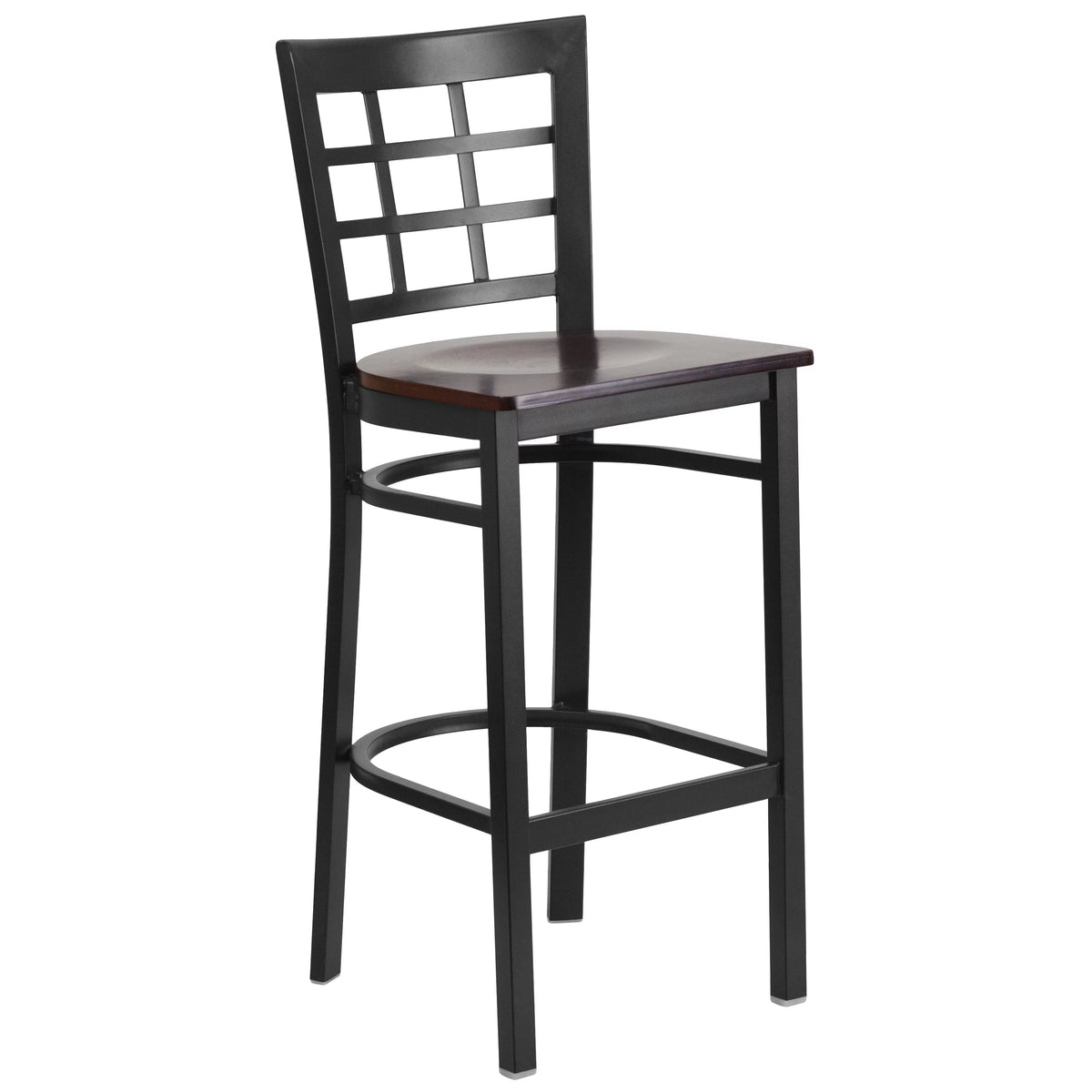Black Window Back Metal Restaurant Barstool with Walnut Wood Seat T1107
