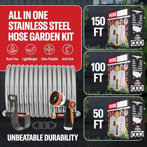 100 ft Stainless Steel Garden Hose Set with Spray Nozzle & Hook T8238