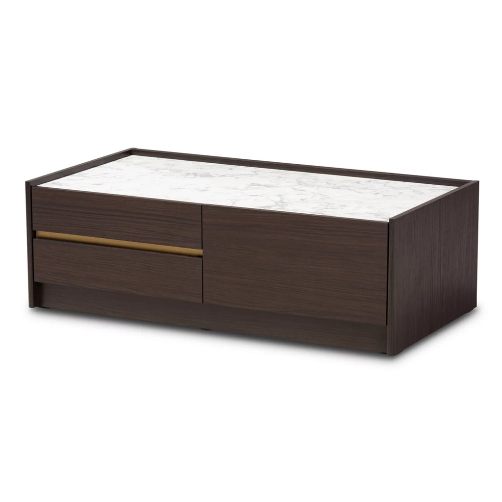 Dark Brown Gold Wood Coffee Table with Faux Marble Top X59105