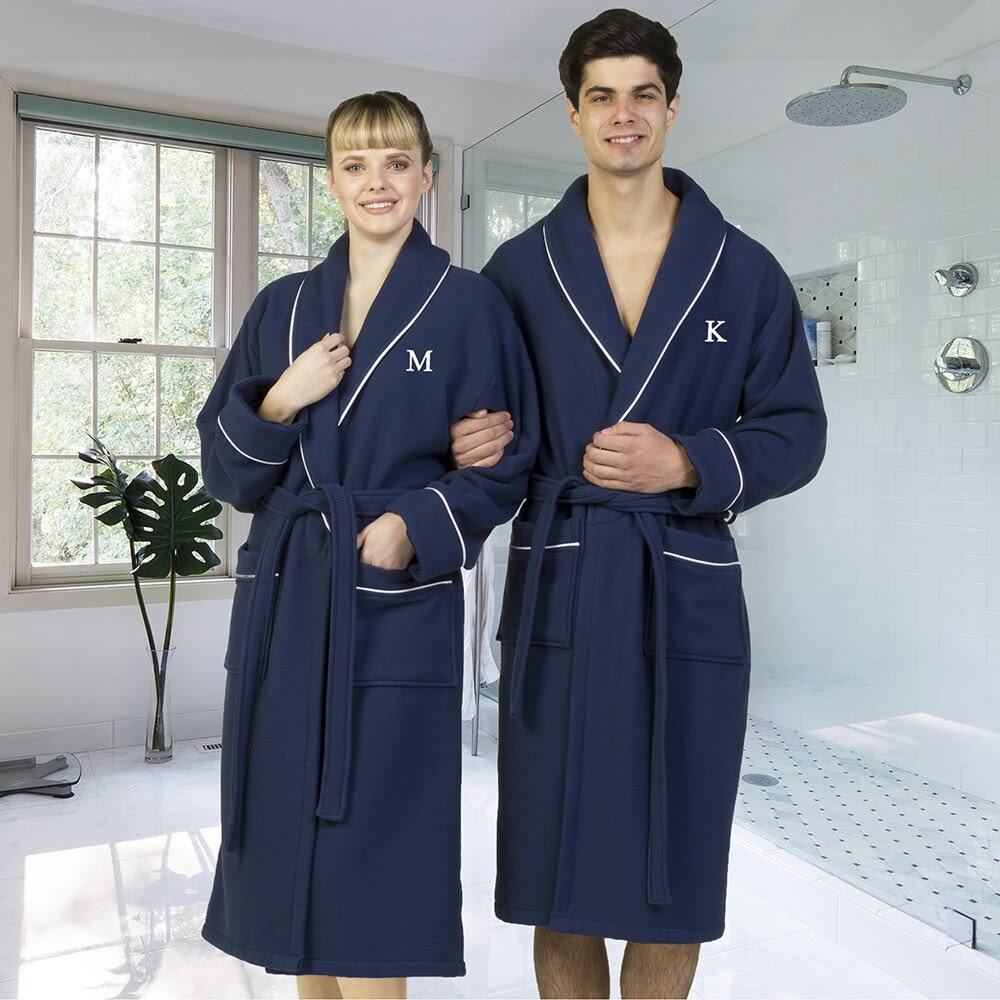 Navy Turkish Cotton Waffle Terry Bathrobe with Satin Piped Trim Z2245