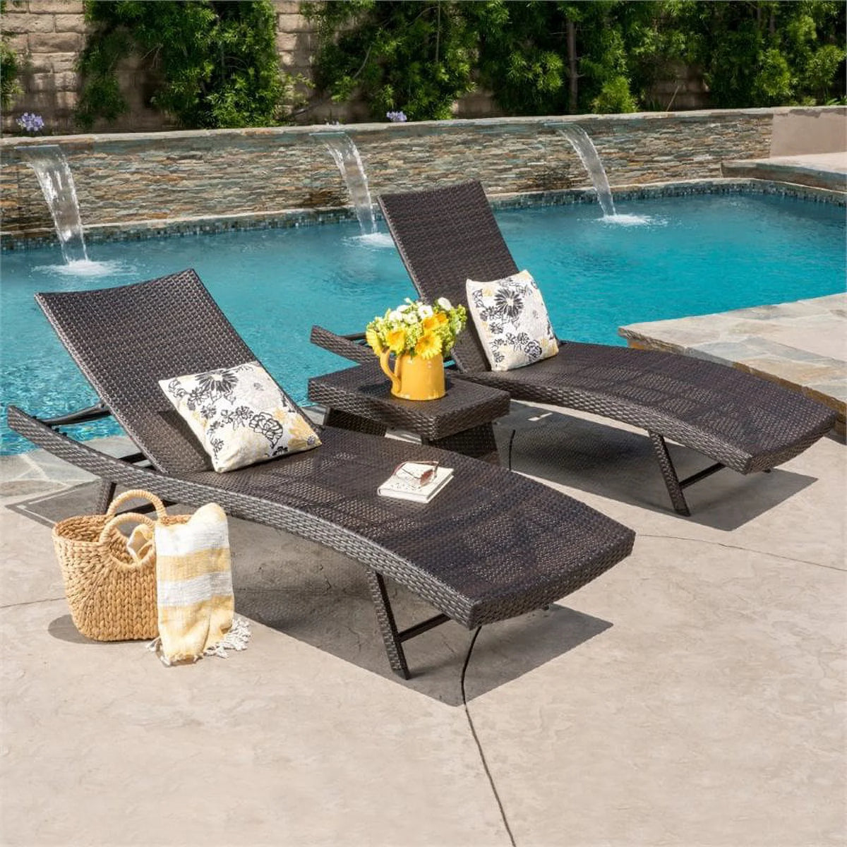 3 Piece Multibrown Outdoor Wicker Chaise Lounge Set E912203