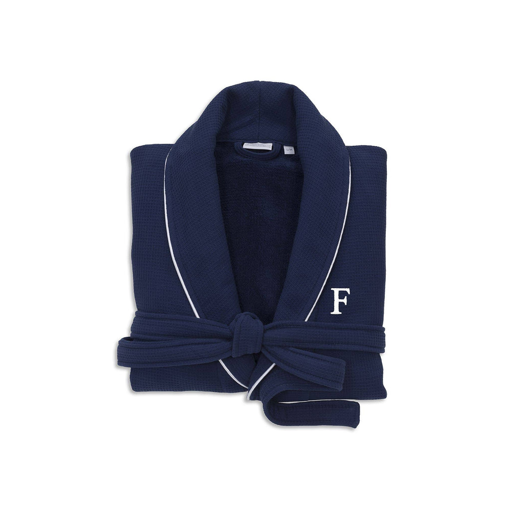 Navy Turkish Cotton Waffle Terry Bathrobe with Satin Piped Trim Z2245