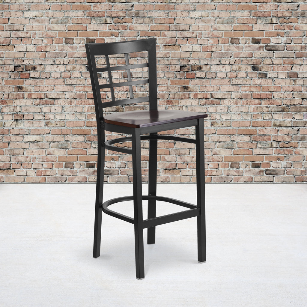 Black Window Back Metal Restaurant Barstool with Walnut Wood Seat T1107