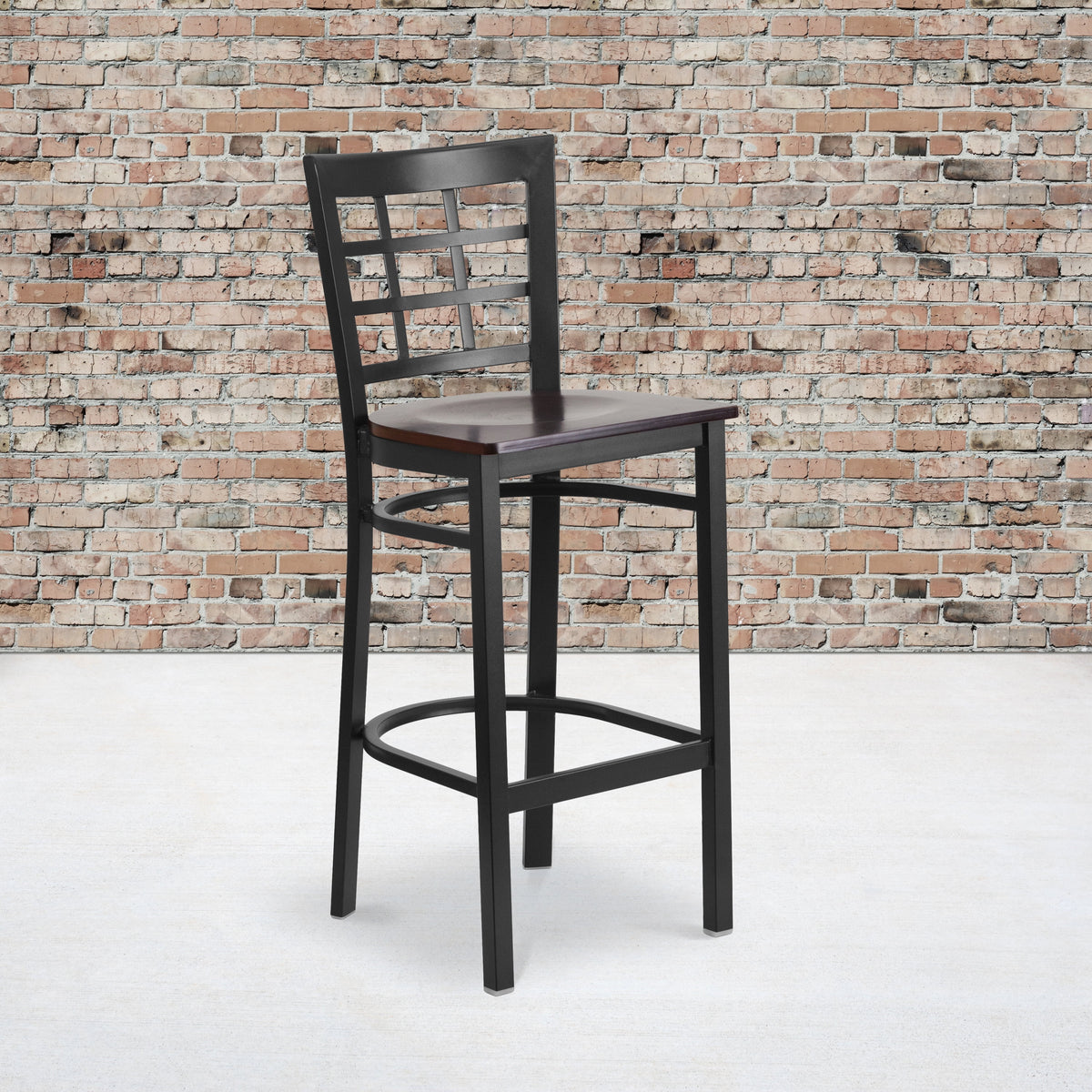 Black Window Back Metal Restaurant Barstool with Walnut Wood Seat T1107