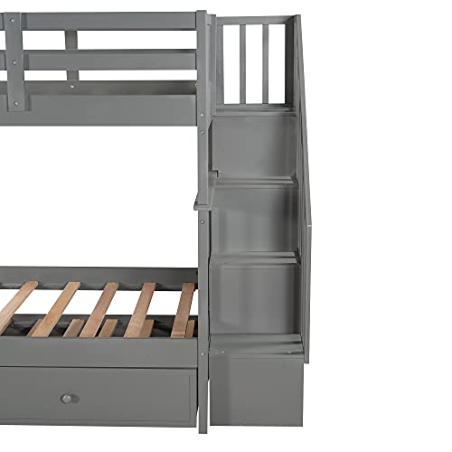 White Twin Over Twin Solid Wood Bunk Bed with Stairs and Trundle I985680