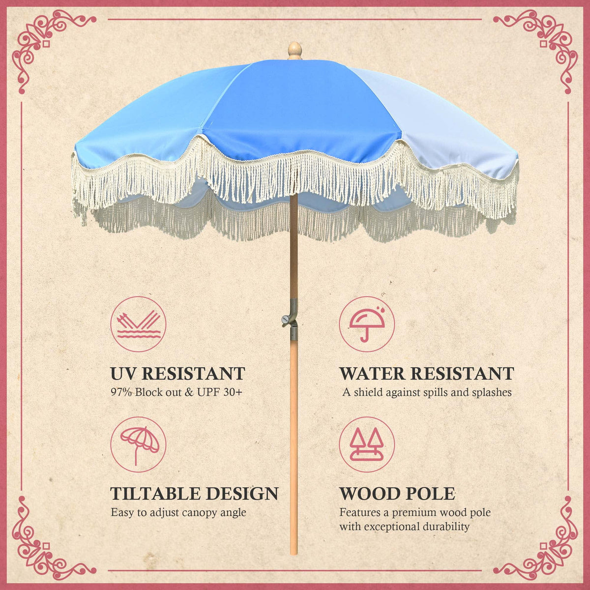 6Ft Fringe Patio Umbrella with Tassels & Carry Bag Wood Blue N9591